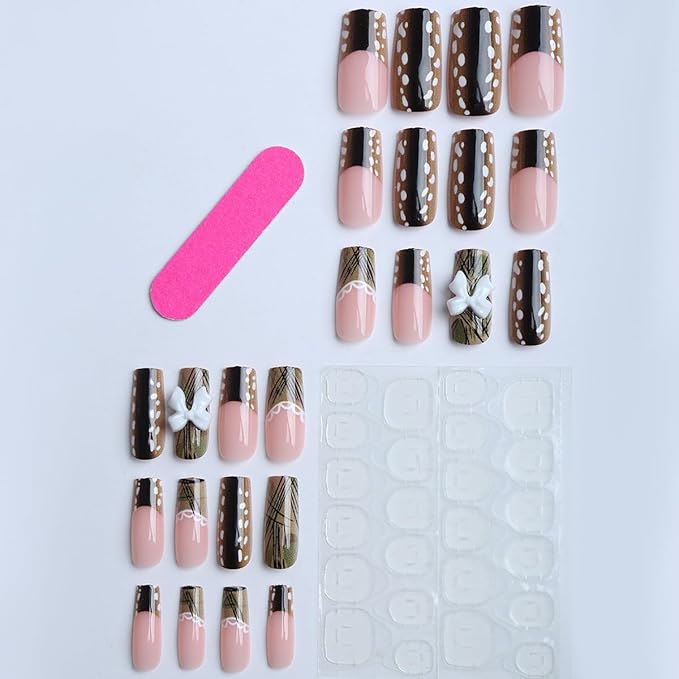 Fawn Print Press on Nails Brown Medium Square Fake Nails Straw Stripe French Tip Design Full Cover Glossy Glue on Nails for Women 24PCS