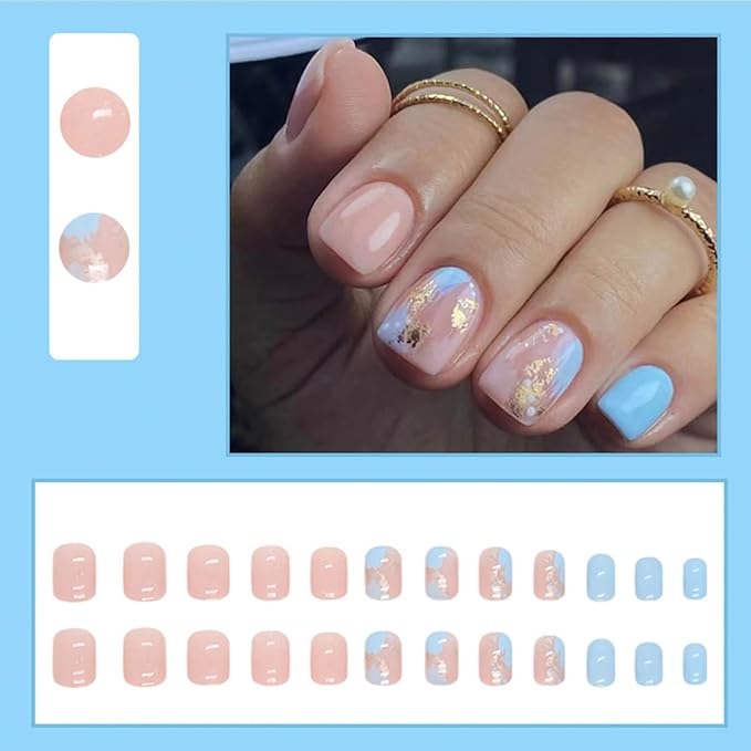 24Pcs Nude Blue Press on Short Square Fake Nails with Glitter Gold Foil False Nails Glossy Acrylic Artificial Short Glue on Nails for Women Girls DIY French Stick on Nails Decorations