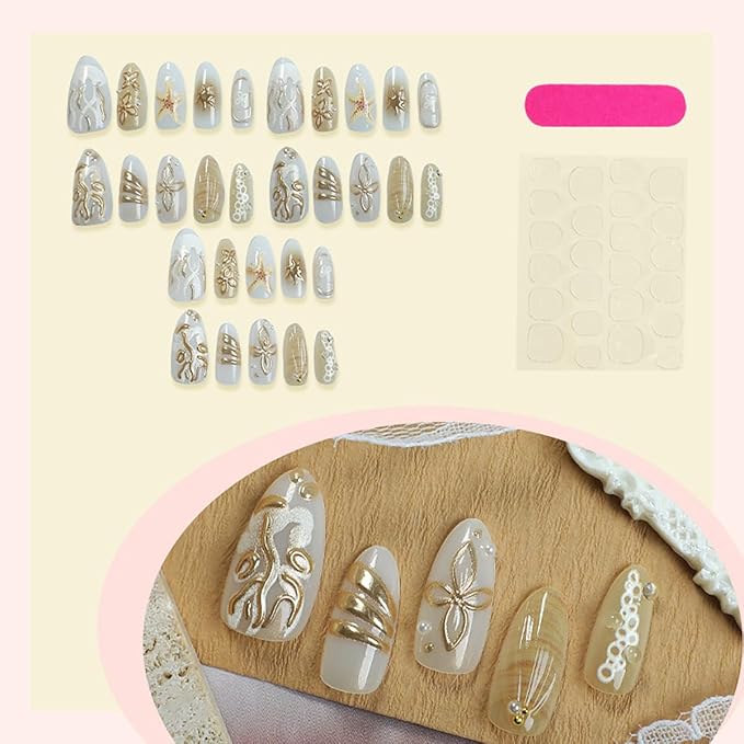 30Pcs Summer Beach Press on Nails Medium Almond Gold Fake Nails with 3D Pearl Seashell Designs Stick on Nail Cute Starfish False Nails Ocean Theme Glue on Nail Acrylic Nails for Women Manicure DIY