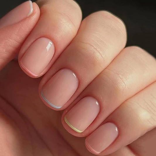 Colour French Tips Press On Nails Extra Short Square, Extra Short French Tip Nails, Designer Reusable Acrylic Nails Press Ons, Fake Nails With Glue On Nails, Daily Wea False Nails For Women