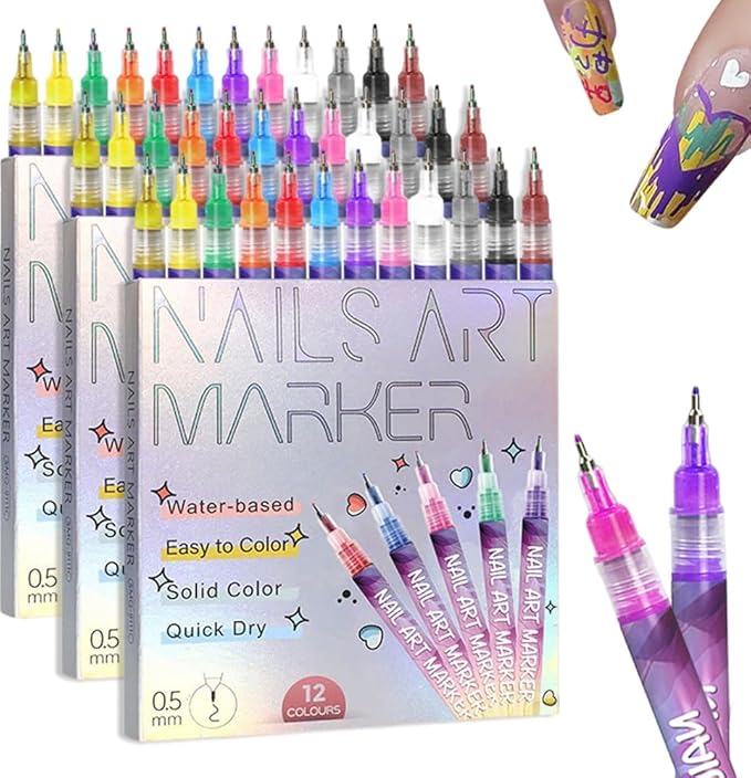 12 Colors Nail Art Pens Set, 2026 New Nail Art Markers Polish Pen for Drawing, Dotting, and Painting, DIY Nail Art Liner Brush Kit Manicure Tools (3 Set)