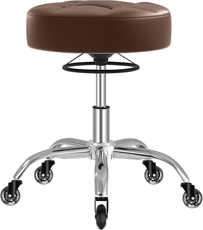 YEEZEE Rolling Stool Heavy Duty 400lb: Super Soft Leather Seat Cushion, 360 Swivel, Height Adjustable 19.7"-25.3", No Squeaky Noises, No Tip Over, Salon & Spa Stool, Brown
