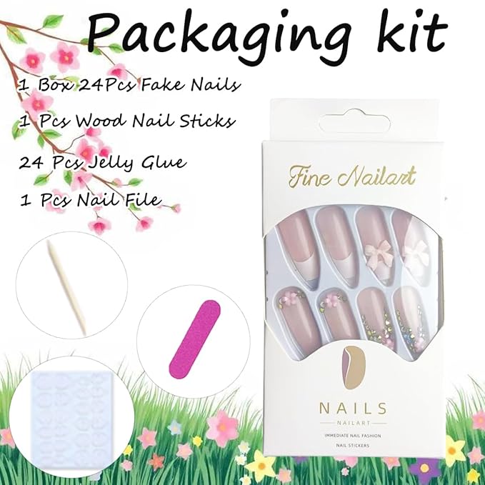 French Tip Press on Nails Long Square Fake Nails with 3D Bow Rhinestones Designs Glossy Cute False Nails Flower Charms Acrylic Nails Reusable Glue on Nails for Women Girls 24Pcs