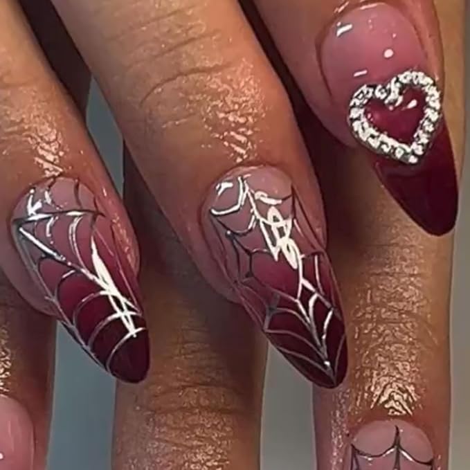 24Pcs Halloween Press on Nails Medium Almond Fake Nails Red Gradient False Nails with 3D Spider Heart Rhinestones Design Silver Spider Web Glue on Nails Full Cover Artificial Stick on Nail for Women