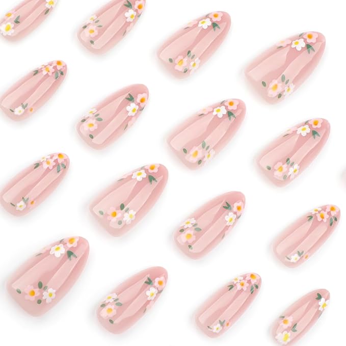Pink Spring Press on Nails Almond Shape Fake Nails with Small Flower Designs Daisy Floral Artificial Nails Medium Length Spring Summer Glue on Nails Flowers Stick on Nails for Women, 24Pcs