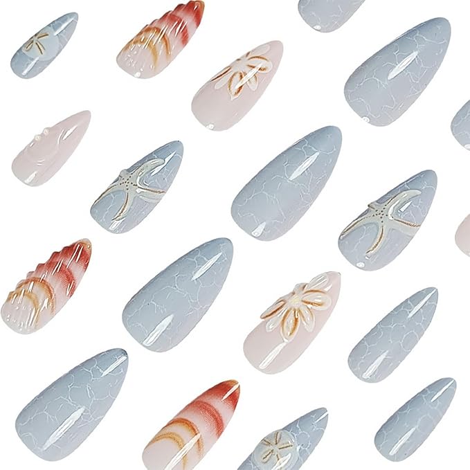 24Pcs Beach Press on Nails Medium Almond Fake Nails White Starfish Shell Design Blue Ocean False Nails Full Cover Artificial Glue on Nails Summer Hawaii Stick on Nails for Women DIY Manicure
