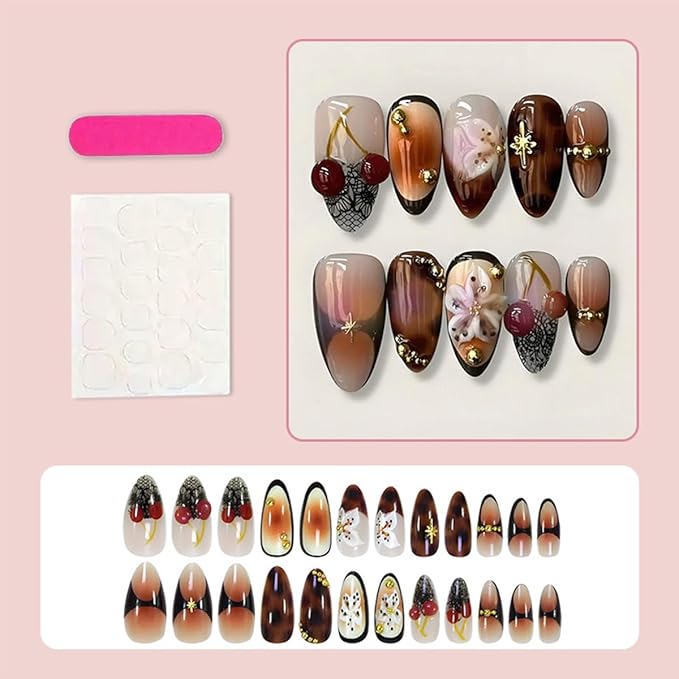 French Tip Press on Nails Medium Almond Fall Fake Nails with Gold Rhinestones Designs 3D Cherry Flower False Nails Brown Full Cover Artificial Glue on Nails - 24Pcs Nail Kit for Women Girls Manicure