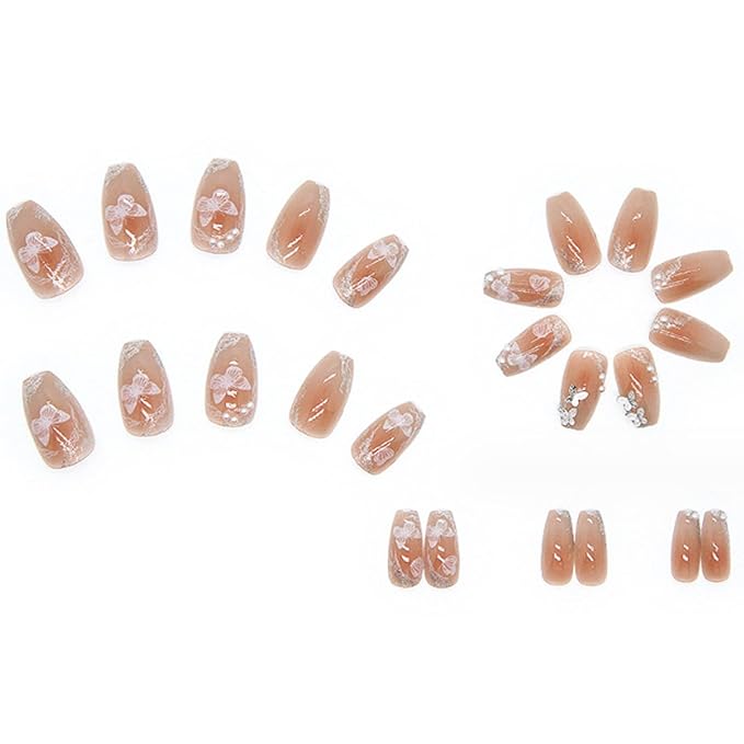 Hkanlre Blush Press on Nails Cute Coffin Medium Fake Nails Tips Full Cover Bling Cat Eyes False Nails for Women and Girls 24PCS