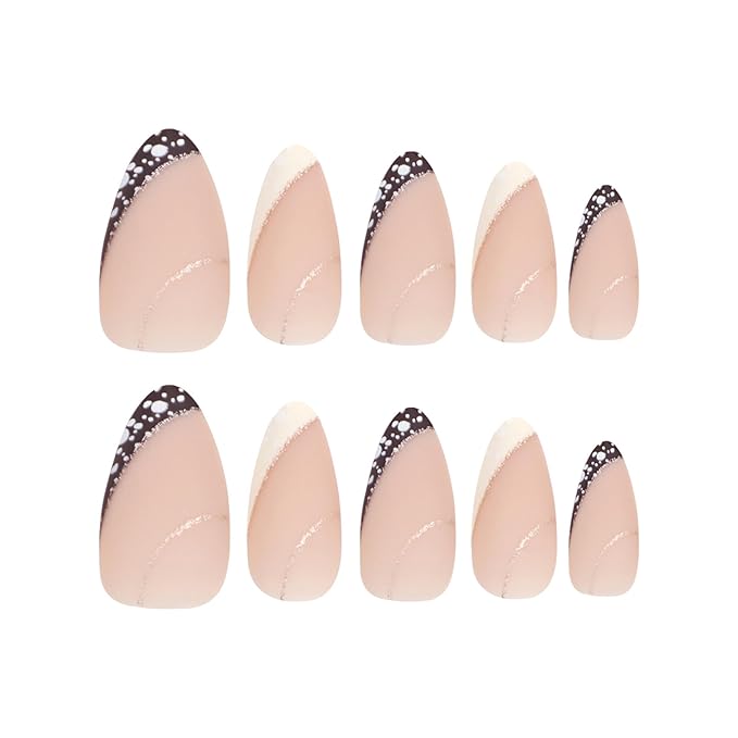 Gold Line Almond Press on Nails - Medium French Tip False Nails with Designs - Glue on Full Cover Acrylic Nails Art DIY Stick on Nails for Women - 24 Pcs