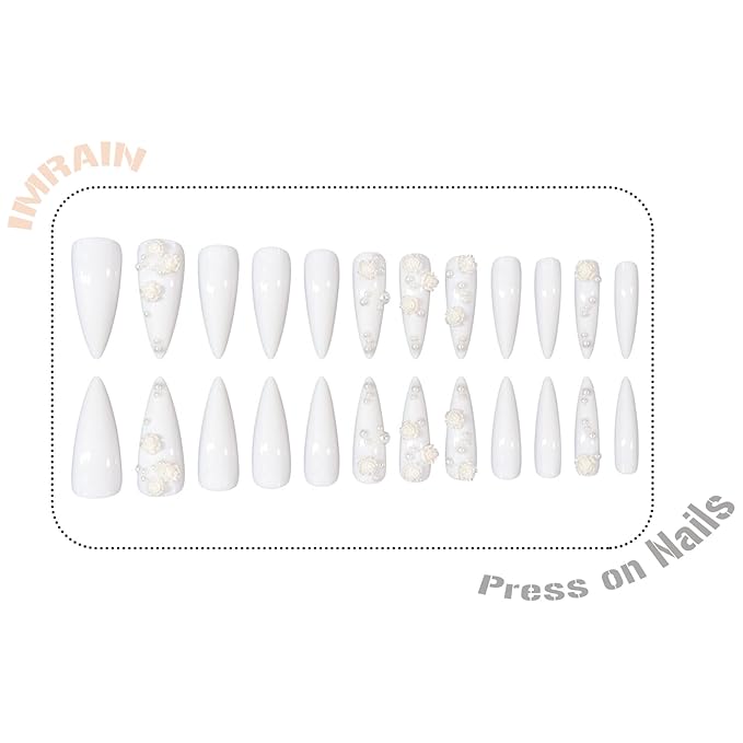 IMRAIN Stiletto Long Press on Nails White Glossy Fake Nails with Flower Design Reusable Luxury Solid Color Camellias False Nail Tips Full Cover Artificial Glue on Nails for Women Girls 24Pcs
