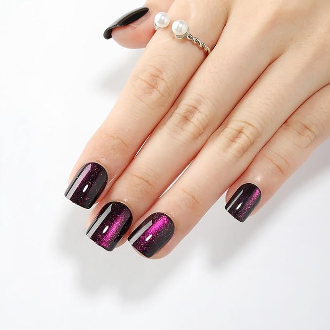 Purple Press On Nails Short Square, Purple to Black Gradient Cat Eye Press on Nails with Glue for Women Ashionable Gel False Nails Reusable Acrylic False Nails Women's Glitter Nails Glue On Nails Kit