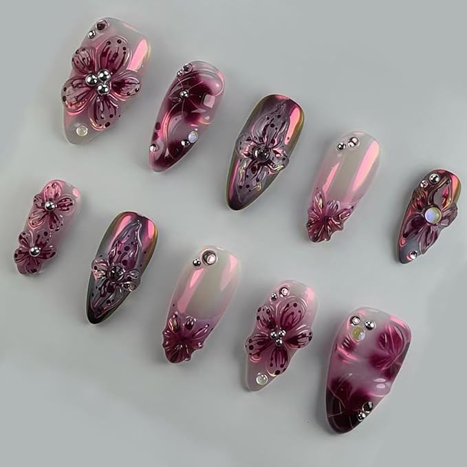 24Pcs Purple Flower Press on Nails Almond Medium Fake Nails 3D Flower False Nail with Rhinestones Pearls Designs Floral Nail Tips Full Cover Acrylic Glue on Nails for Women Manicure Decoration
