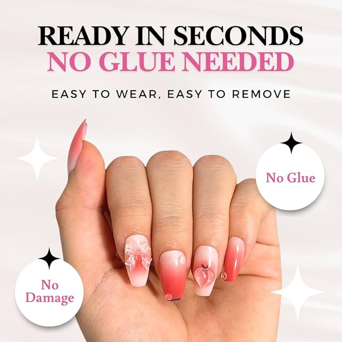 Perfect Look Press On Nails - Peach Bow | No Glue One-Day Short Coffin Nails, Red Ombre Nails with 3D Ribbon Charms - 24 Pcs Nail Kit with Adhesive Tabs