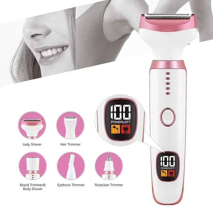 RUIM Bikini Trimmer for Women, 5 in 1 Electric Razors for Shaving, Waterproof Rechargeable Pubic Hair Trimmer with LED Display, Pink