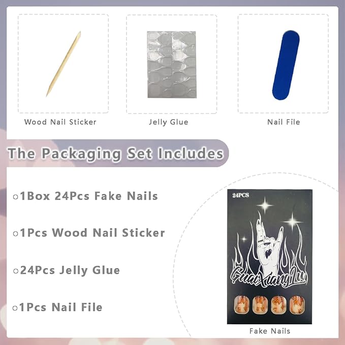 24Pcs Fall Maple Leaf Press on Nails Short Square Fake Nails Thanksgiving False Nail with Stripe Designs Golden Foil Glue on Nail Full Cover Stick on Nails for Women Autumn Manicure Decorations