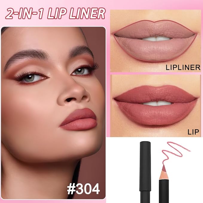 2 Pcs Natural Nude Brown Beige Colors Lip Liner Lipstick Pencils Set for Daily Makeup,Easy to Apply & Remove,Waterproof