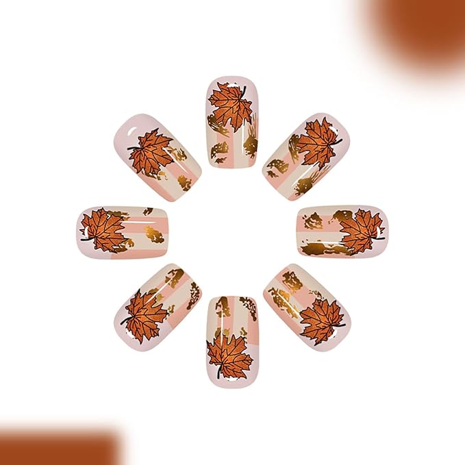 24Pcs Fall Maple Leaf Press on Nails Short Square Fake Nails Thanksgiving False Nail with Stripe Designs Golden Foil Glue on Nail Full Cover Stick on Nails for Women Autumn Manicure Decorations