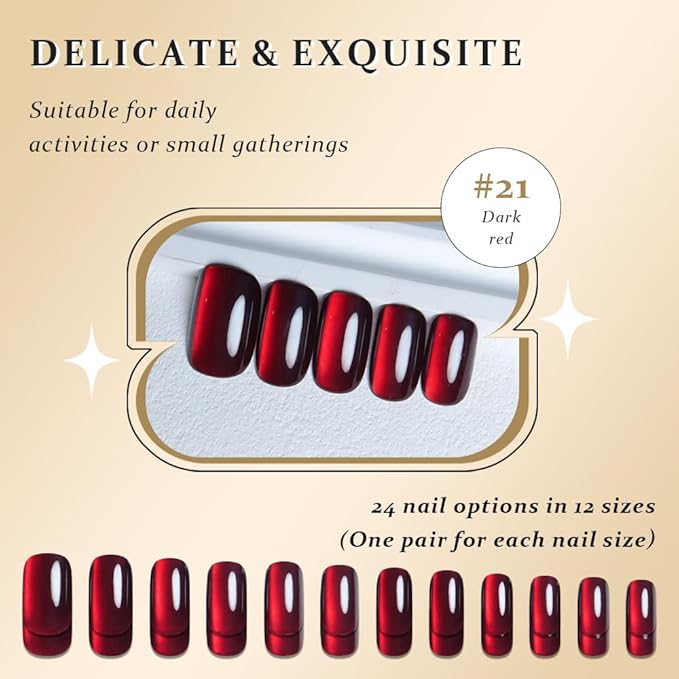 Cat Eye Dark Red Press On Nails Medium Long Length Square, Designer Reusable Acrylic Fake Nail with Glue, Glossy Gel Nails Wedding Party, Stick On Glue On Nail, Nails Press Ons for Women