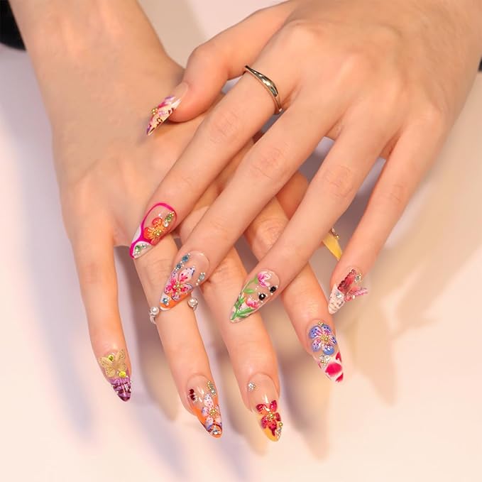 24Pcs Colorful Flower Press on Nails Medium Almond Fake Nails with 3D Handmade Flower Rhinestones Designs Spring Summer Hawaii False Nails Artificial French Tip Glue on Nails for Women Daily Wear