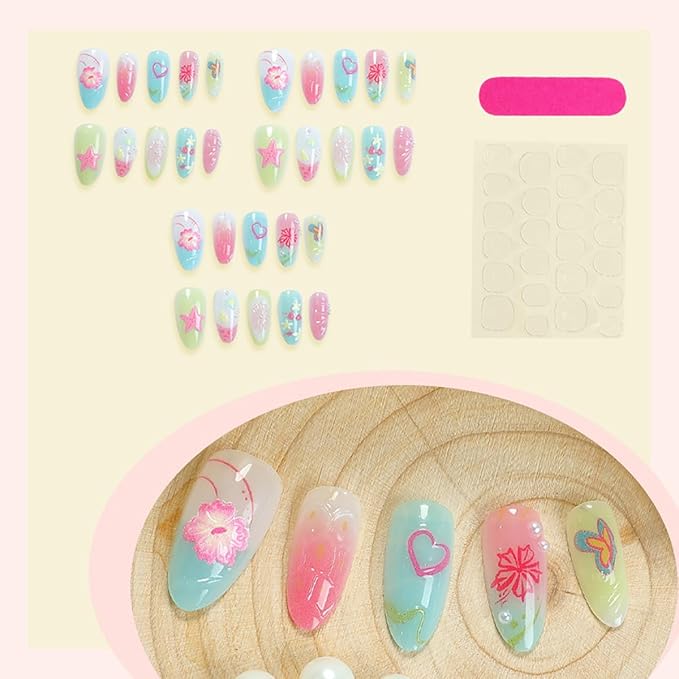 24Pcs Summer Beach Press on Nails Medium Almond Fake Nails Colorful 3D Hibiscus Flowers Heart Starfish Design Glossy Full Cover Stick on Nail French Tip False Nails for Women Girls Acrylic Cute Nails