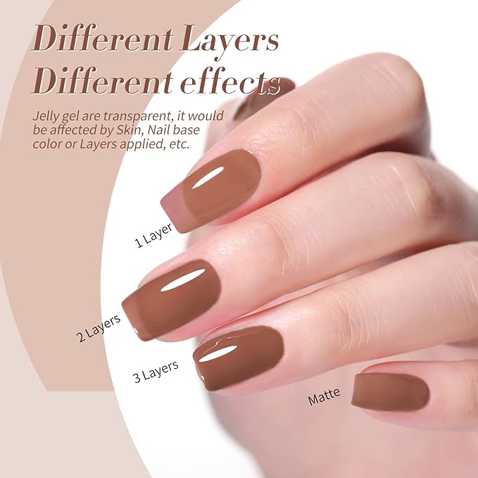 Born Pretty Jelly Gel Nail Polish Fall Winter Brown Nude Dark Wine Red Sheer Gel Nail Polish, Crystal Transparent Gel Polish Nail Art Manicure DIY Salon and Home 7ML 6PCS