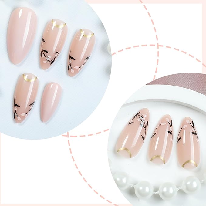 IMRAIN Almond Press on Nails Medium Fake Nails Nude Glossy False Nails Full Cover Glue on Nails with Black Leaf Designs Acrylic Nail Supplies Artificial Stick on Nails for Women 24Pcs