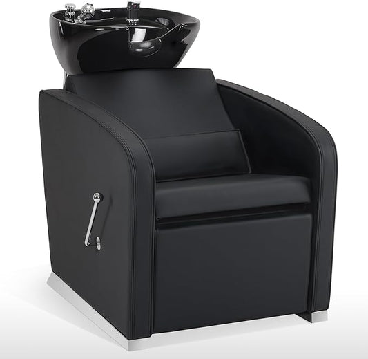 BarberPub Backwash Shampoo Station Chair, Adjustable Porcelain Ceramic Hair Wash Bowl Sink Unit Station, Reclining Shampoo Station Chair for Spa Beauty Salon Hair Salon Equipment 9303 (Black)