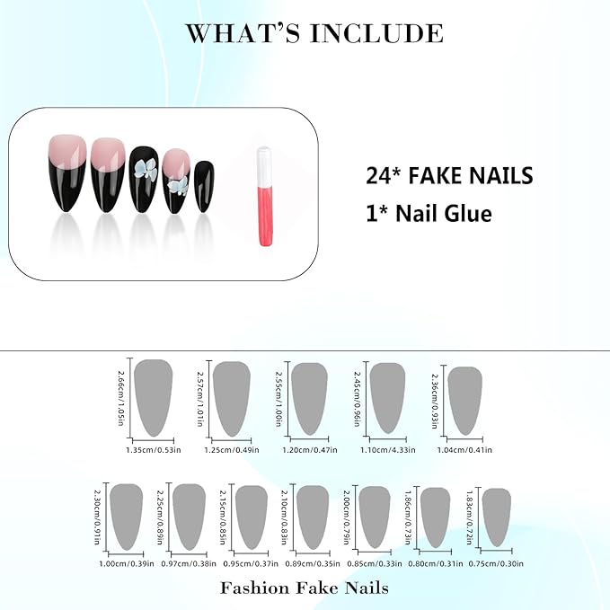 IMRAIN French Tip Press on Nails Medium Almond Fake Nails with Blue Flower Designs Black French False Nails Full Cover Glossy Glue on Nails Acrylic Artificial Nails for Women Girls Manicure