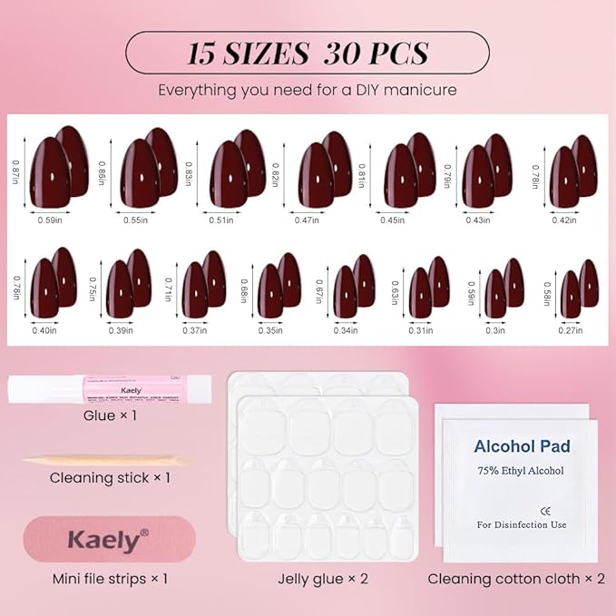 evpct Glossy Press on Nails Short Almond Short for Women, Cherry Wine Red Fake Nail with Glue Salon Quality Reusable Stick on Nails In 15 Sizes 30Pcs Full Cover False Nail Soft Gel Set Kit for Gift