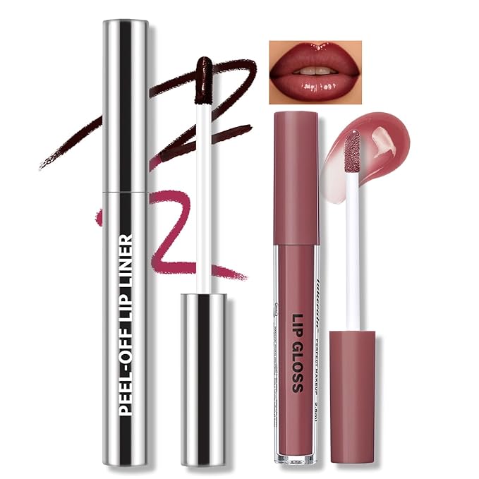 Nude Plum Peel Off Lip Liner Stain Tattoo with Nude Pink Lip Gloss Glow Oil, Non-Stick Cup High Shine Lip Combo Waterproof Long Wear Lightweight Glossy Lipstick Makeup