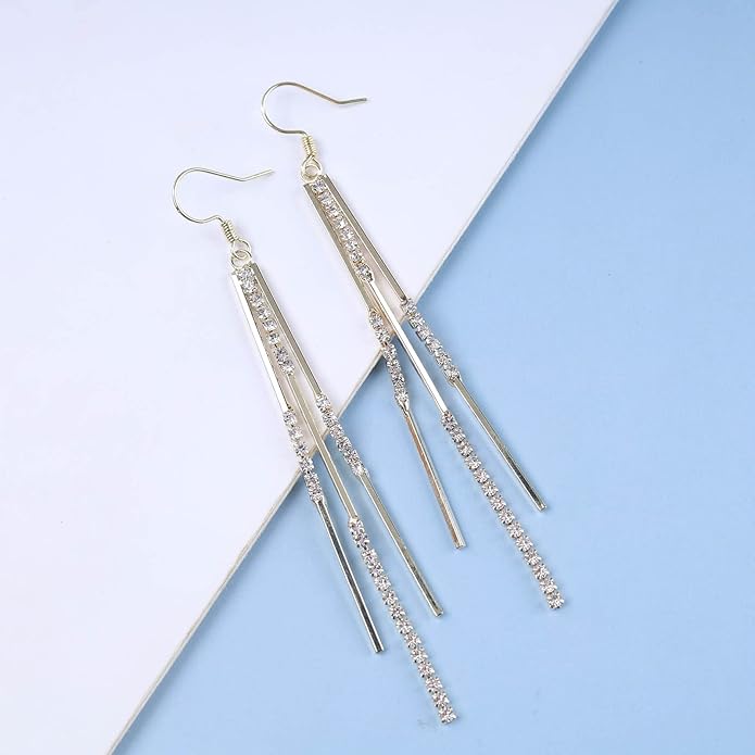 Vintage Crystal Tassel Earrings Rhinestone Bar Drop Earrings Long Rhinestone Chain Earrings Gold Cz Bar Hook Earrings Sparkle Tennis Chain Earrings Jewelry for Women