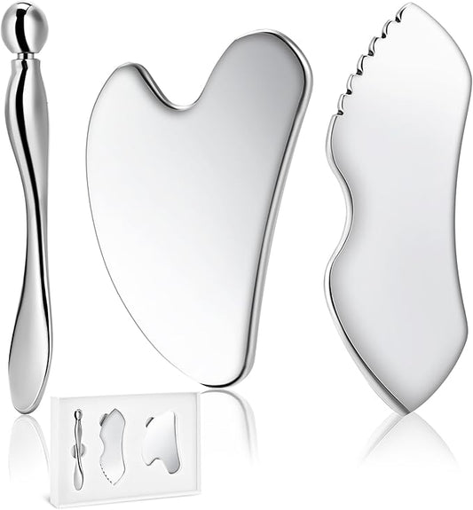 Gua Sha Facial Tools, 3 in 1 Stainless Steel Metal Guasha & Eye Cream Applicator Facial Sculpting Tool Set Eye Massager Lymphatic Drainage for Face Neck (Gift Box Set)(Boxed 2, Count, 3)