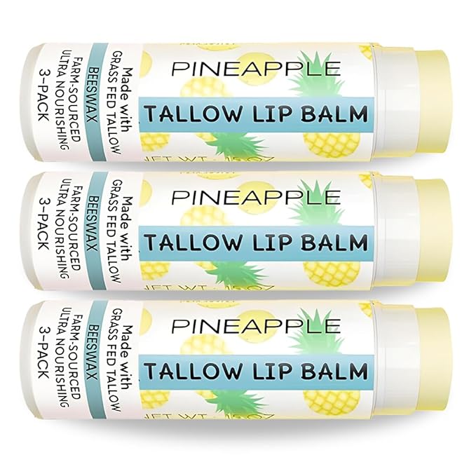 Tallow Lip Balm by Cattle Creek – Organic, All-Natural Ingredients, Long-Lasting Moisture and Hydration for Dry, Cracked, and Chapped Lips, Soothing Formula for Soft Skin (Pack of 3, Pineapple)