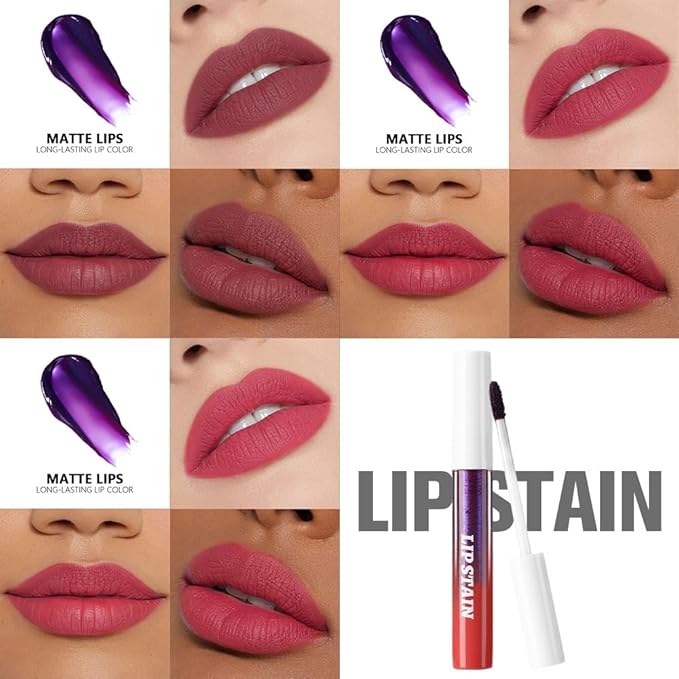 evpct 3Pcs Peel Off Lip Stain Tints, Maroon Red Mauve Matte Liquid Lipstick Lip Stain Long Lasting Waterproof for Women, Non-stick Cup Lipstick Peel Off Highly Pigmented Not Faded Smudge-proof Liptint