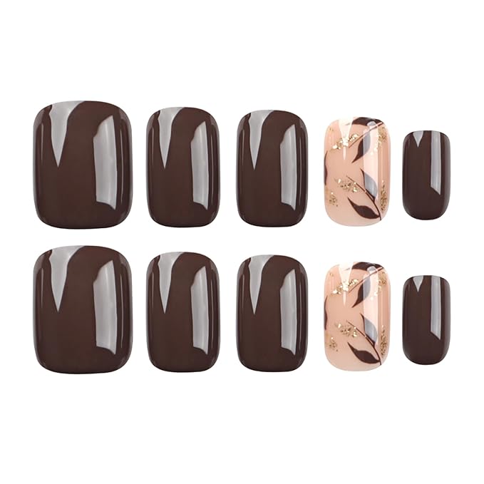 Brown Press On Nails Short Square 24pcs, Nude Coffee False Nails with Gold Leaf Design, Glossy Acrylic Stick On Nails, Natural Reusable Glue On Fake Nails Kit for Women