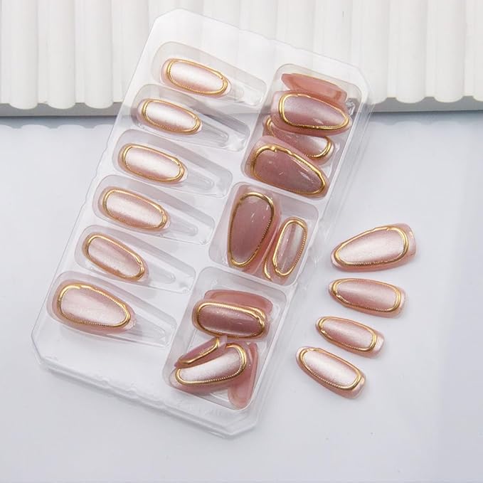 Press on Nails Almond Cat Eye Fake Nails 3D Gold Acrylic False Nails Press ons with Stripes Bubble Designs Pink Glossy Cute Glue on Artificial Nails for Women Girls Manicure 24Pcs