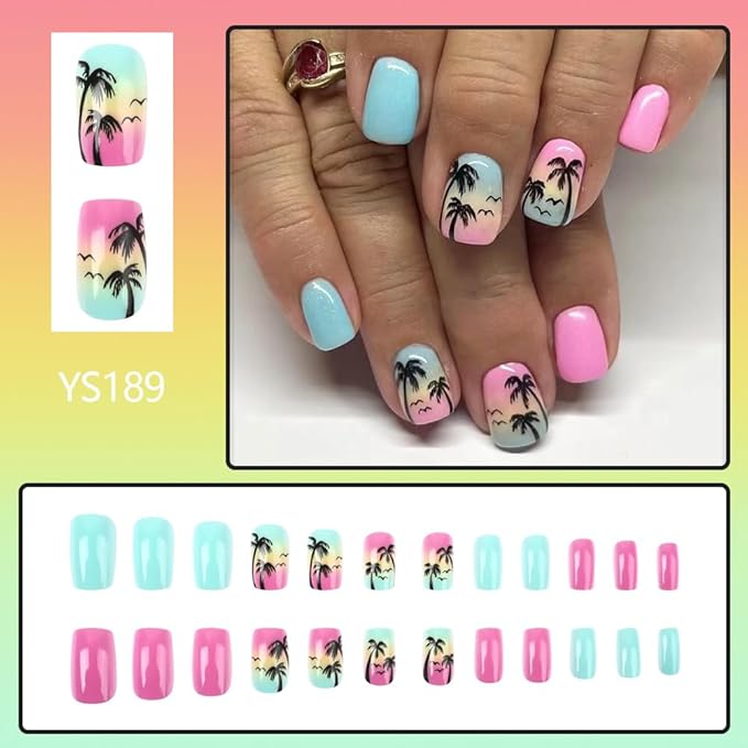 Short Press on Nails Summer Palm Tree Fake Nails Square Acrylic Nails Press ons Glossy Blue Pink Glue on Nails with Twilight Beach Designs Stick on Nails Summer False Nails for Women Girls 24Pcs