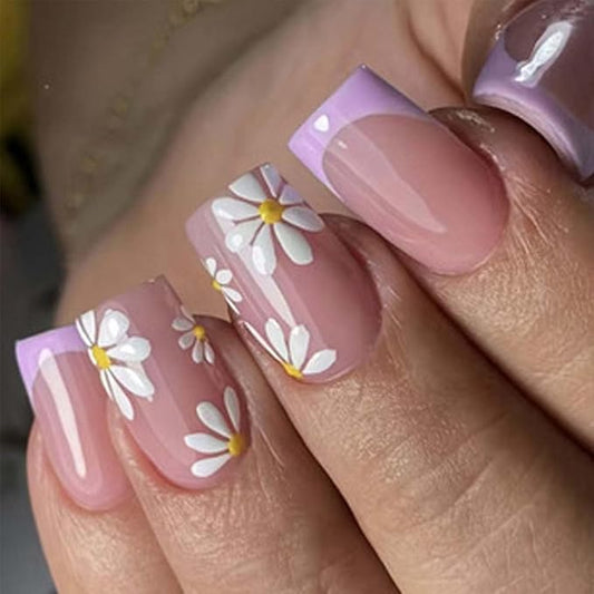Square Press on Nails Medium Fake Nails French Tip False Nails with Flower Design Nude Acrylic Nails Artificial Nails Glossy Full Cover Glue on Nails Stick on Nails for Women Manicure 24Pcs