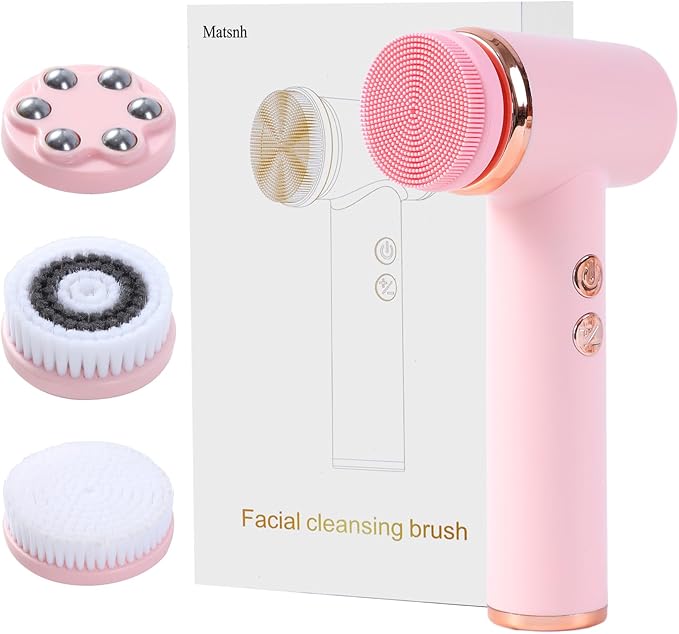 4 in 1 Facial Cleansing Brush, Multi Function Electrical Face Wash, Brush IPX6 Waterproof Portable Face Scrubber, 5 Speed Adjustable, 2 Rotation Directions Adjustable, Gift for Women Men (Pink)