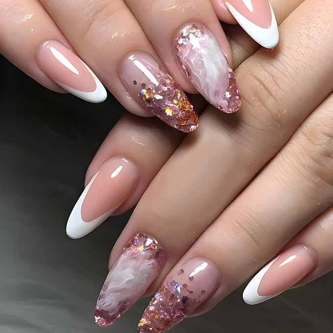 French Tip Press on Nails Medium Length Square - French Manicure Press on Nails Starry Sky Sparkly Design,False Nails high-end feeling Flashing pink Glossy Reusable Stick on Nails Medium French Nails