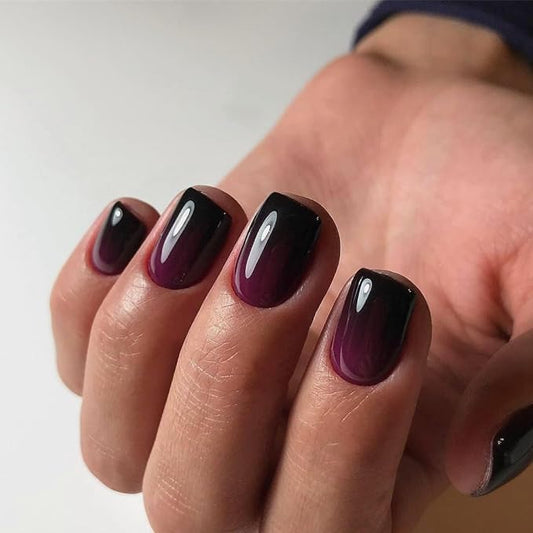 KQueenest Ombre French Press on Nails Short Square, Dark Purple Black Fake Nails Short Coffin, Gradient Color Acrylic Nails Press Ons, Soft Gel Glue on Nails for Women Decoration in 30 Pcs