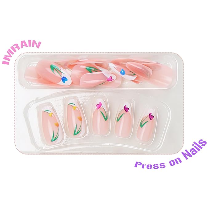 IMRAIN Medium Almond Press on Nails Flower French Tips Fake Nails Glossy Acrylic Nails Press ons with Floral Designs White Nail Kit Spring Summer Glue on Nails for Women 24Pcs