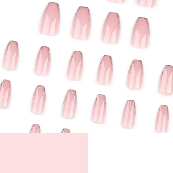 Hkanlre Medium Coffin Press on Nails Bling Fake Pink Nails Tips Full Cover False Gold French Nails for Women and Girls 24PCS