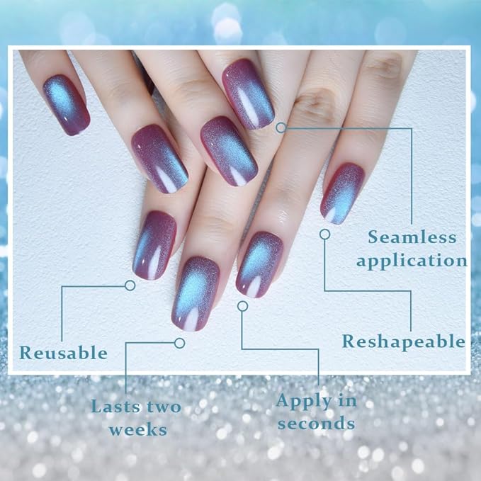 Cat Eye Purple Reflective Blue Press On Nails Medium Long Length Square, Designer Reusable Acrylic Fake Nail, Glossy Gel Nails Wedding Party, Stick On Glue On Nail, Nails Press Ons for Women