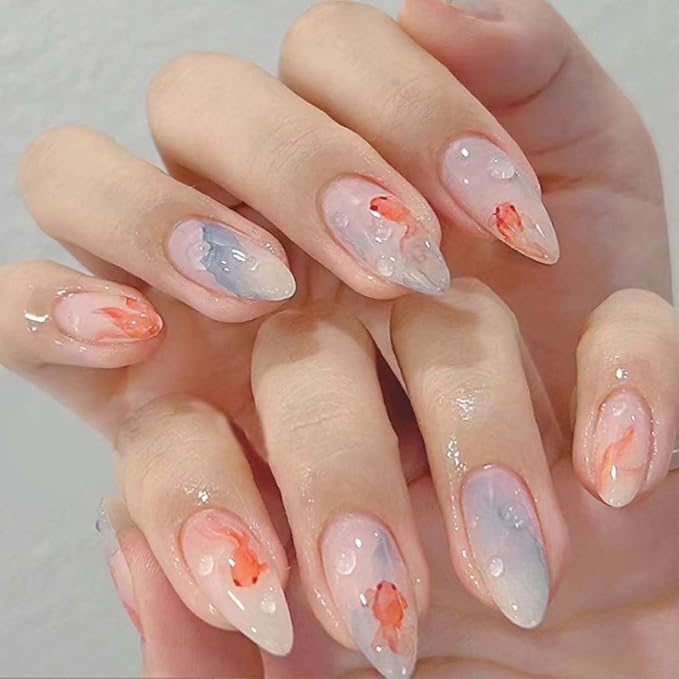 Hkanlre Fish Press on Nails Long Cute Fake Nails Tips Full Cover Almond False Blue Nails for Women and Girls 24PCS