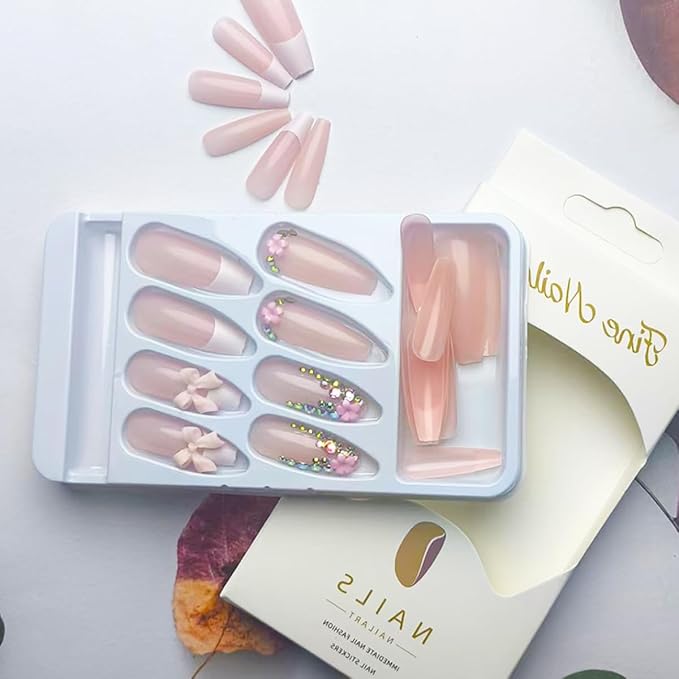 French Tip Press on Nails Long Square Fake Nails with 3D Bow Rhinestones Designs Glossy Cute False Nails Flower Charms Acrylic Nails Reusable Glue on Nails for Women Girls 24Pcs