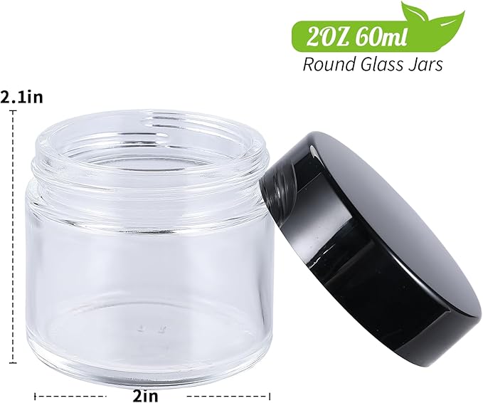 2oz Jars with Lids, HOA Kinh 4 Pack Clear Glass Jars Empty Cosmetic Containers Round Airtight Glass Jar with Inner Liners and black Lids for Storing Lotions, Powders, and Ointmentss