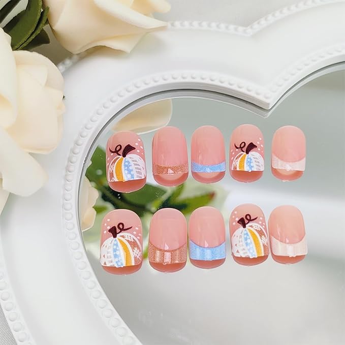 24Pcs Halloween French Tip Press on Nails Short Square Fake Nail Fall False Nail with Colorful Pumpkin Leaf Designs Blue Brown French Tip Nails Press ons Full Cover Glossy Glue on Nails for Women