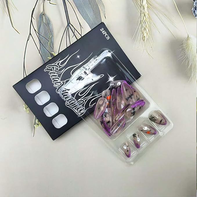 24Pcs French Tip Press on Nails Short Almond Fake Nails with Designs Halloween Nails Press on Spider Web Pumpkin Glue on Nail Halloween False Nail Star Cat Acrylic Nail for Women Manicure Decorations