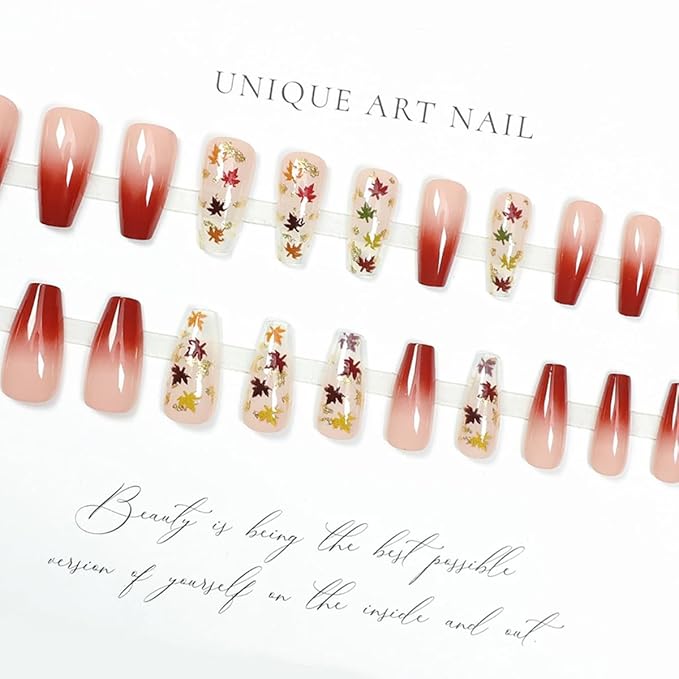 24Pcs Maple Leaves Press on Nails Medium Fake Nails Fall Glue on Nail Clear Gradient French Acrylic Artificial Nails Full Cover Autumn Maple Leaf Stick on Nails for Women Nail Art Decorations